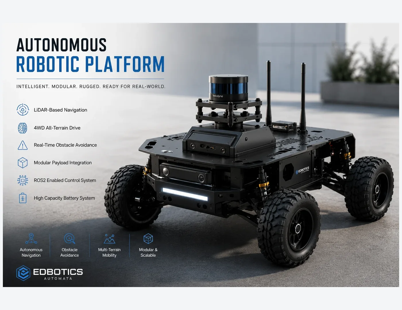 Autonomous robotic platform developed by Edbotics with LiDAR, sensors and rugged four-wheel mechanical architecture