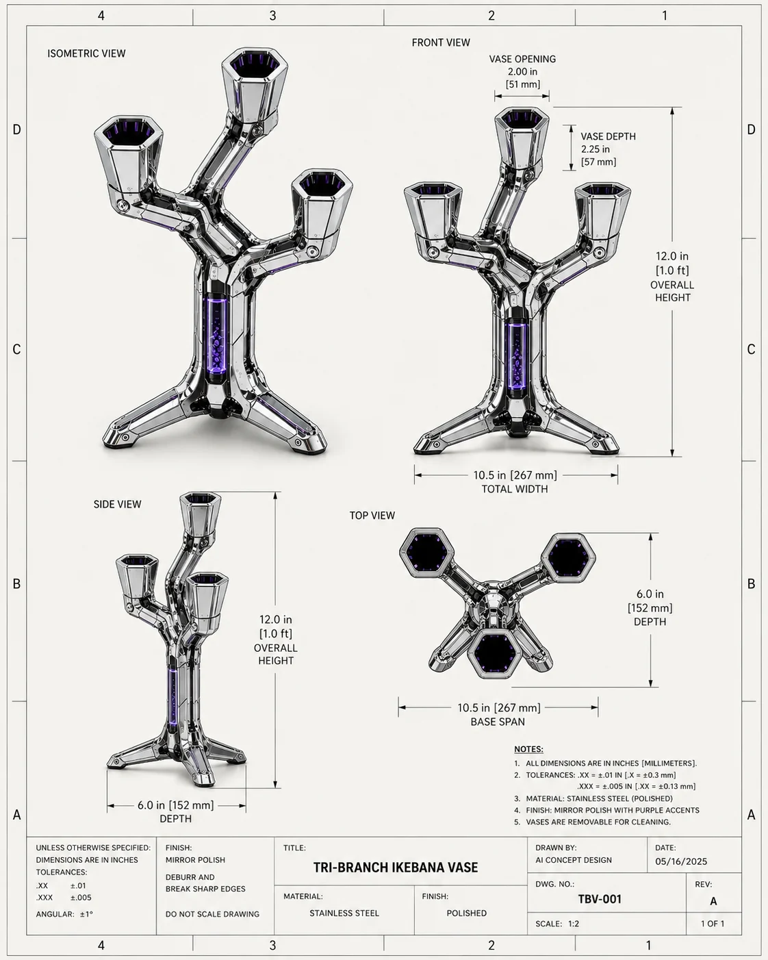 Tri-branch Ikebana vase engineering drawing