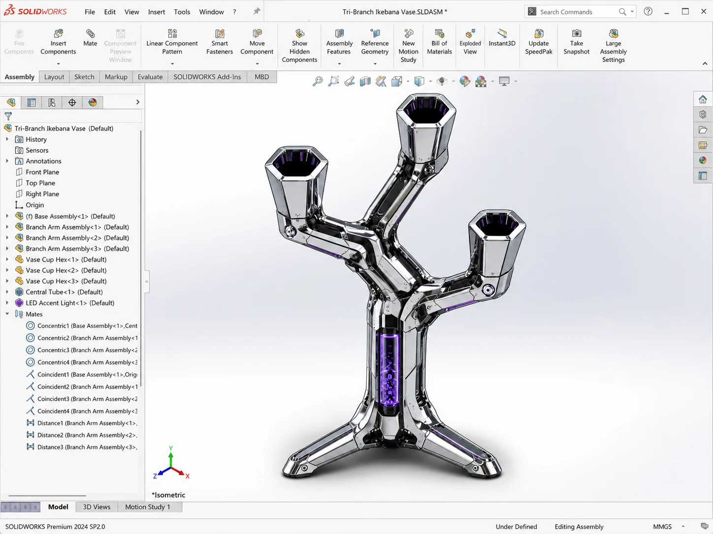 Tri-branch Ikebana vase SolidWorks assembly