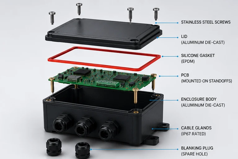 IP67 electronic enclosure exploded assembly