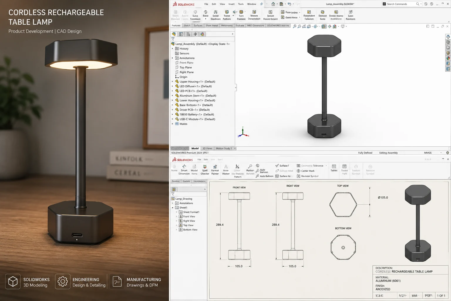 Cordless rechargeable table lamp CAD and drawing project